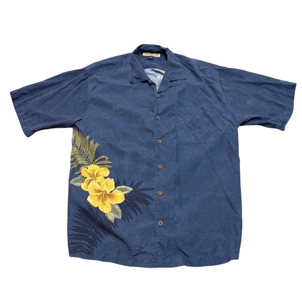 Tommy Bahama Mens Blue 100% Silk Hibiscus Palm Tree Camp Shirt Medium